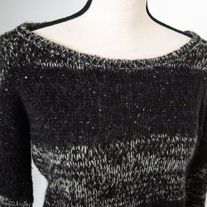 Wool & alpaca blend black & cream tweed striped sweater with sequins by Loft S